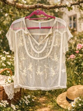 Anthropologie Willow & Clay Cottage Core  Vintage Lace And Beaded Sheer Top Sz M